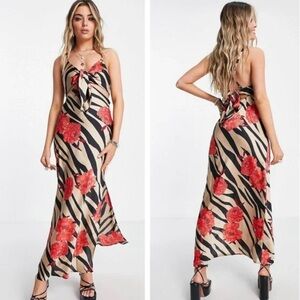 Topshop Cut Out Plunge V-Neck Tie Back Floral Zebra Satin Midi Slip Dress Size 6